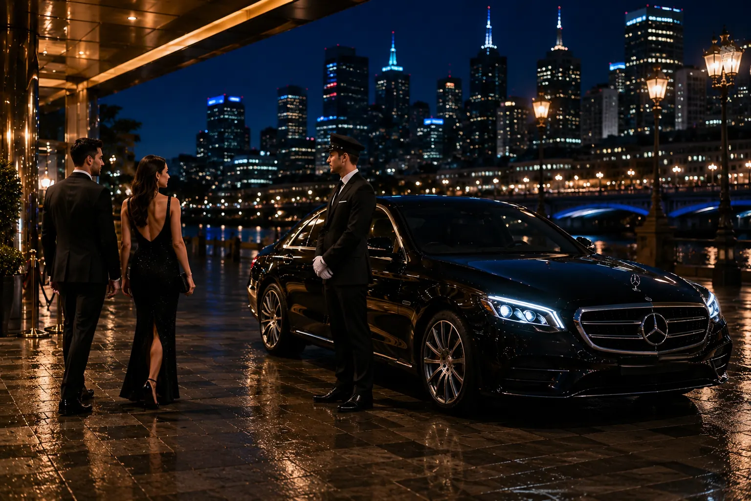 Luxury Mercedes sedan limousine hire at night in Melbourne