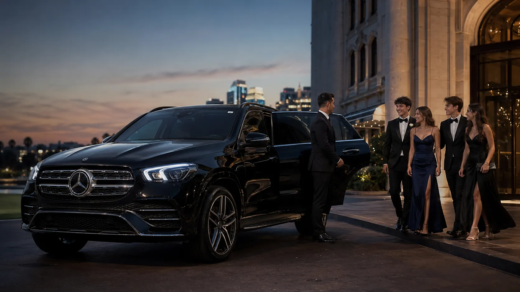 Students arriving at their school formal in a chauffeured Mercedes GLE