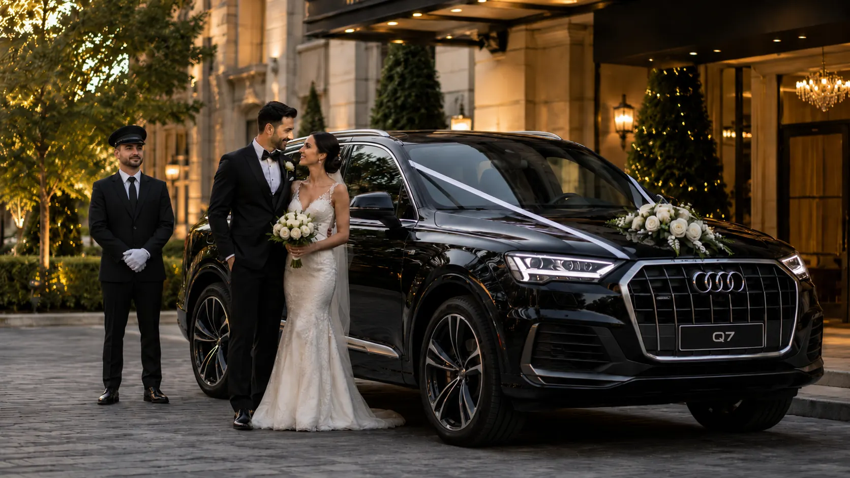 Newlyweds beside a ribbon-adorned Audi Q7 wedding car