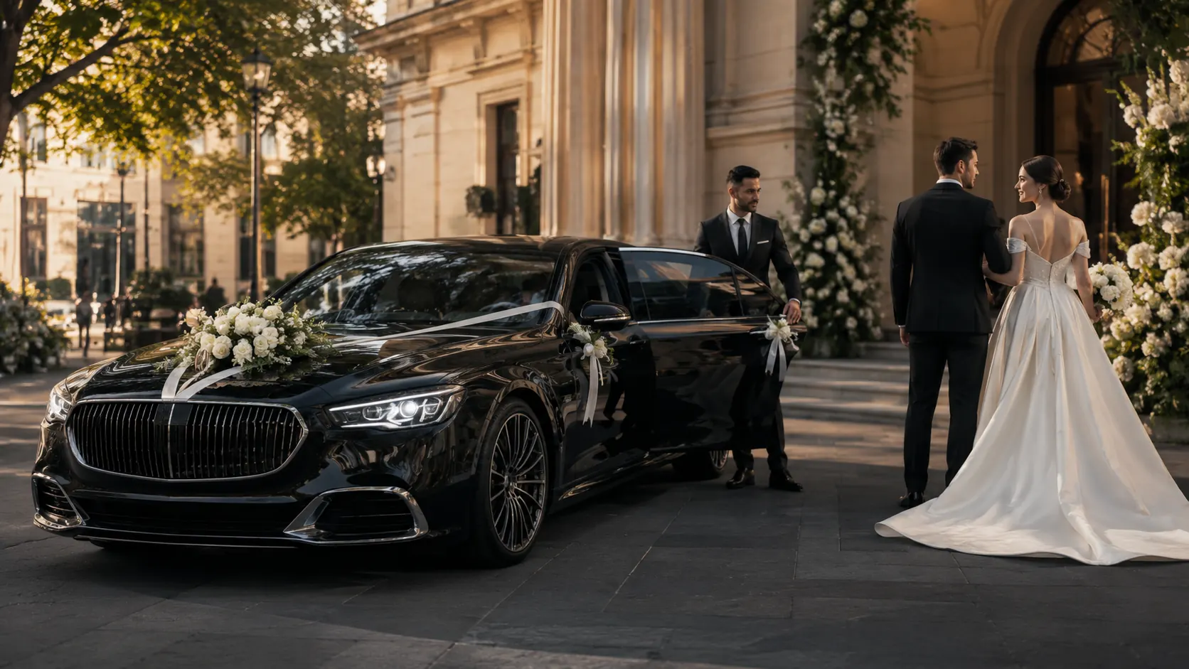 Bride and groom with a Mercedes-Benz wedding car in Melbourne